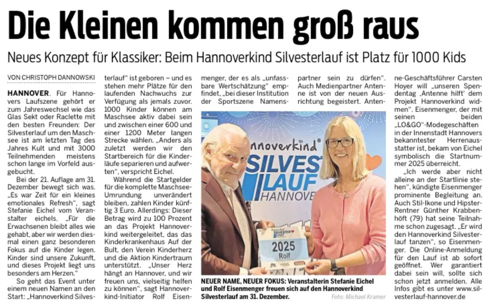 Scan des vollständigen Zeitungsartikels: Hannoverkind Silvesterlauf: Herrenausstatter Hannover wird Namenspartner des Laufs