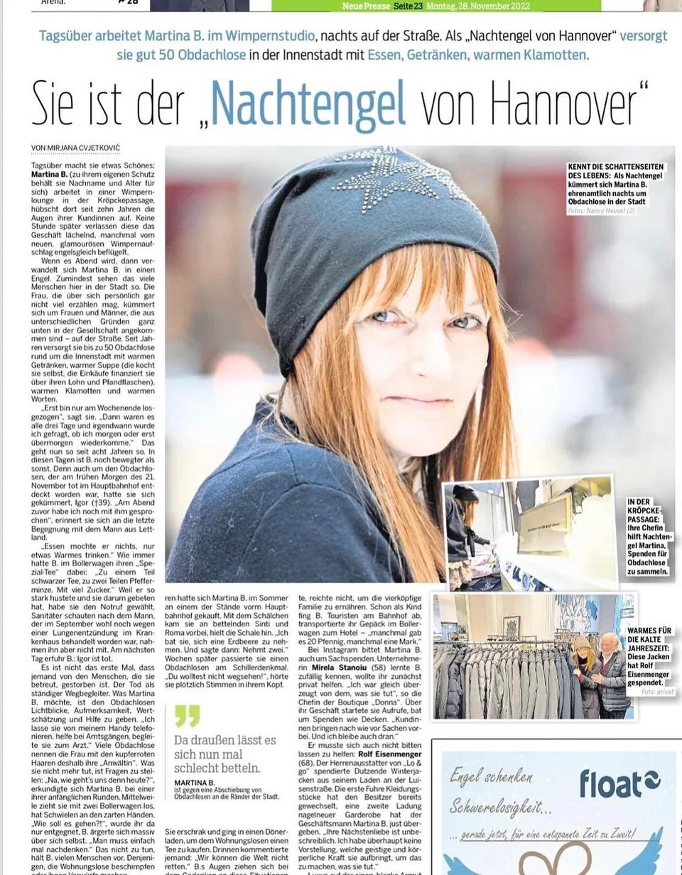 Scan des vollständigen Zeitungsartikels: „Nachtengel von Hannover“ – Neue Presse berichtet über Winterjacken-Spende von LO&GO