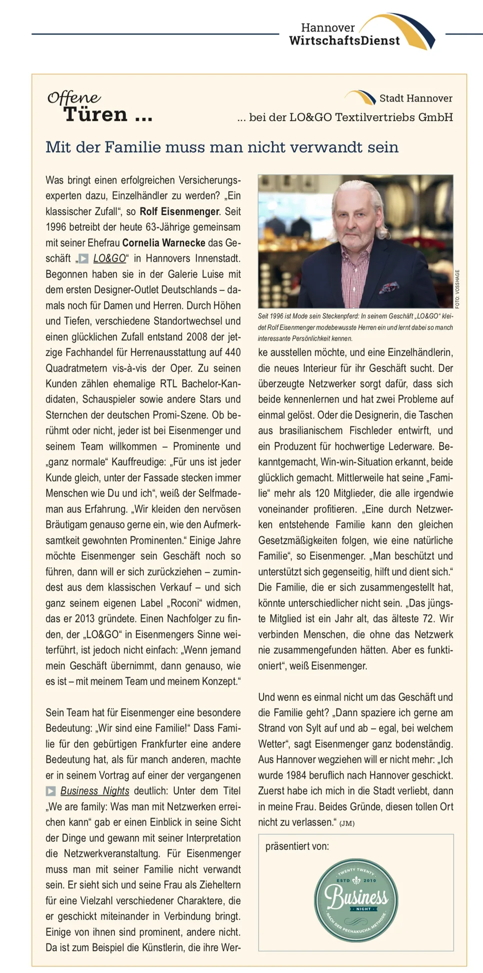 Scan des vollständigen Zeitungsartikels: Herrenausstatter Hannover: Porträt über Rolf Eisenmenger und seine „Familie"