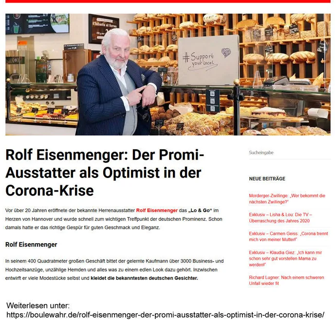 Scan des vollständigen Zeitungsartikels: Herrenausstatter Hannover in der Corona-Krise: BOULEWAHR porträtiert Rolf Eisenmenge…