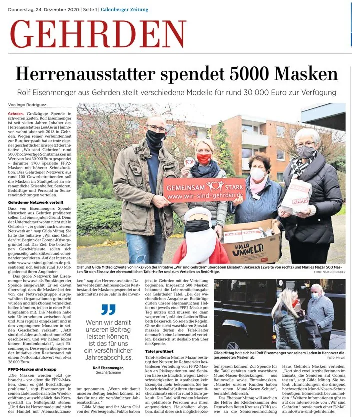 Scan des vollständigen Zeitungsartikels: Soziales Engagement bei Hannover: Herrenausstatter spendet 5.000 Masken
