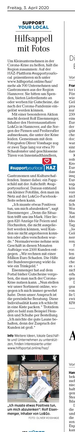 Scan des vollständigen Zeitungsartikels: Herrenausstatter Hannover im Lockdown: HAZ berichtet über die Fotoaktion #supportyou…