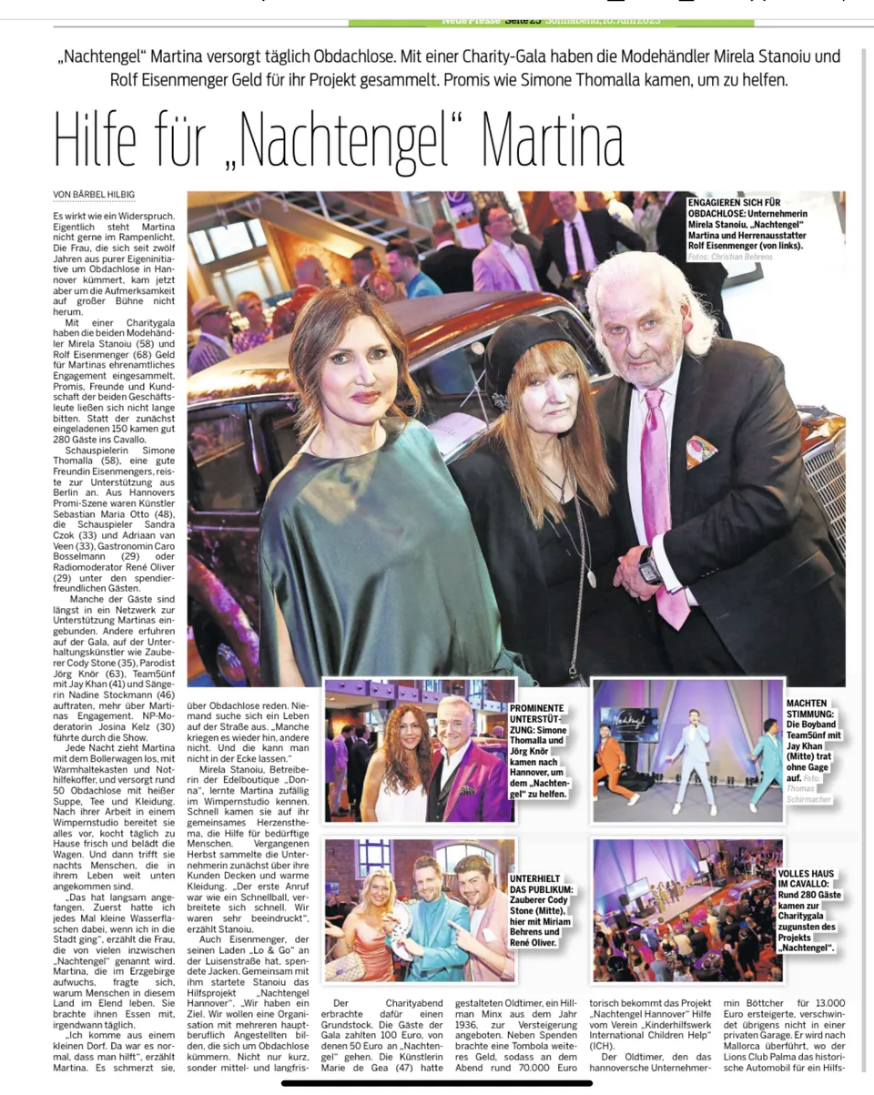 Scan des vollständigen Zeitungsartikels: Nachtengel Hannover: Charity-Gala bringt 70.000 Euro für die Obdachlosenhilfe