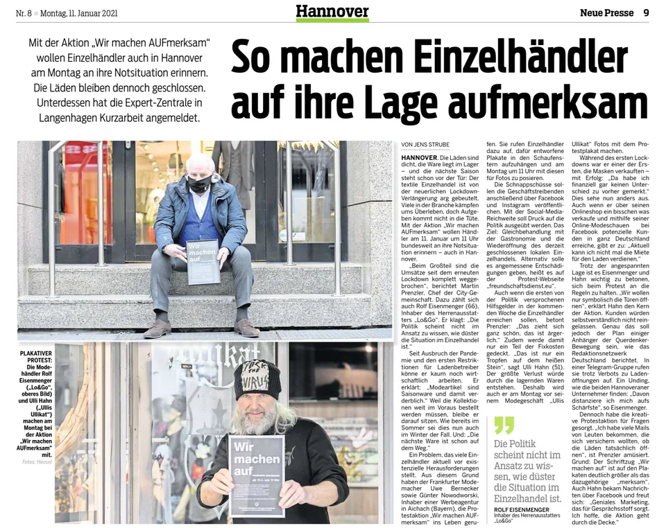 Scan des vollständigen Zeitungsartikels: Einzelhandel in Hannover im Lockdown: LO&GO bei der Protestaktion „Wir machen AUFmer…