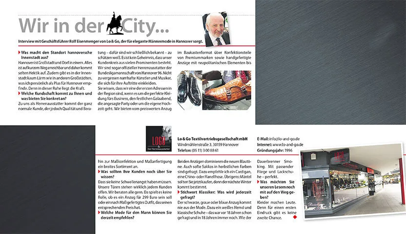 Scan des vollständigen Zeitungsartikels: Herrenmode Hannover: Rolf Eisenmenger im Interview „Wir in der City…