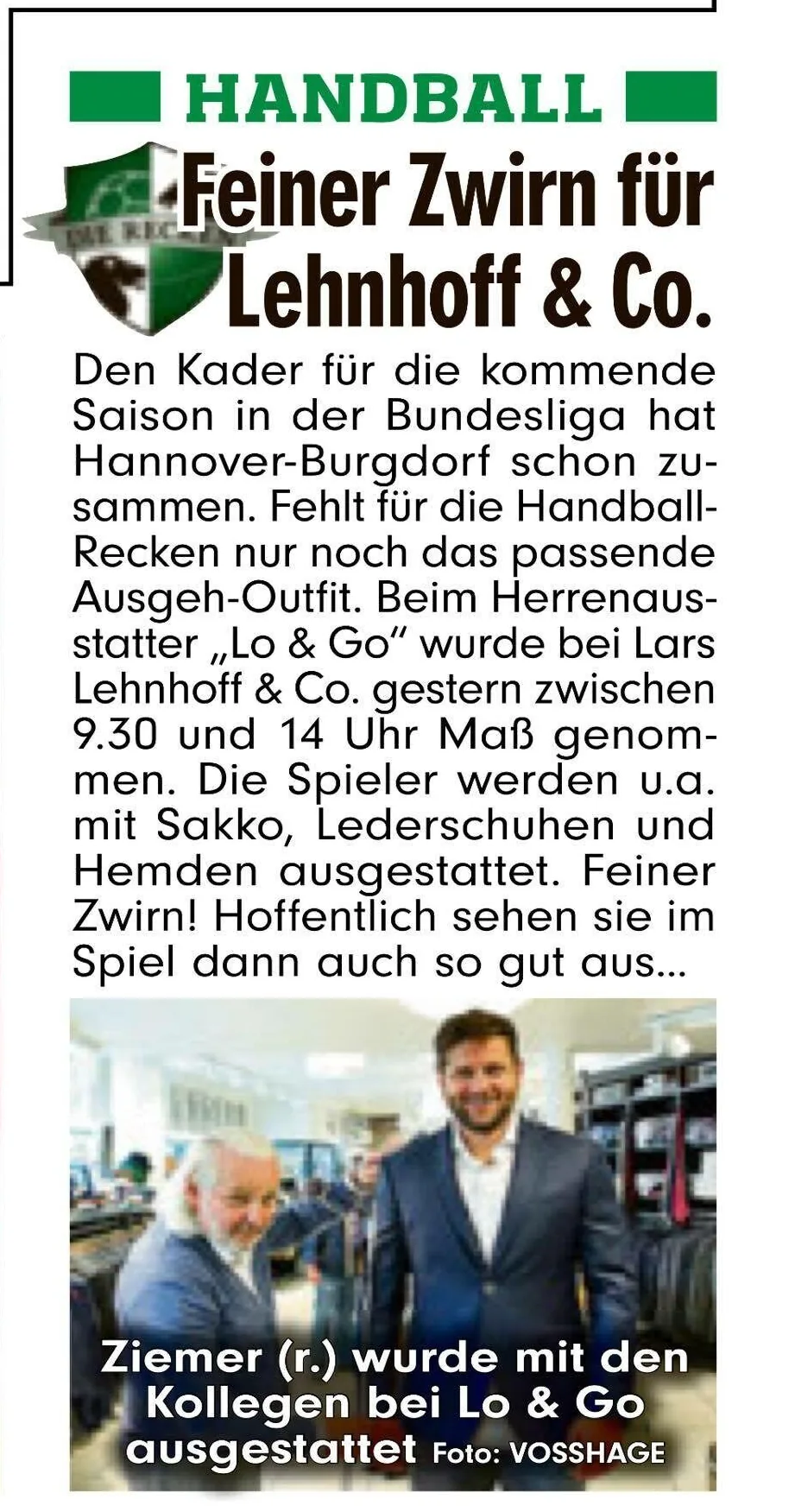 Scan des vollständigen Zeitungsartikels: Corporate Fashion für die Recken: Hannover-Burgdorf ließ bei LO&GO Maß nehmen